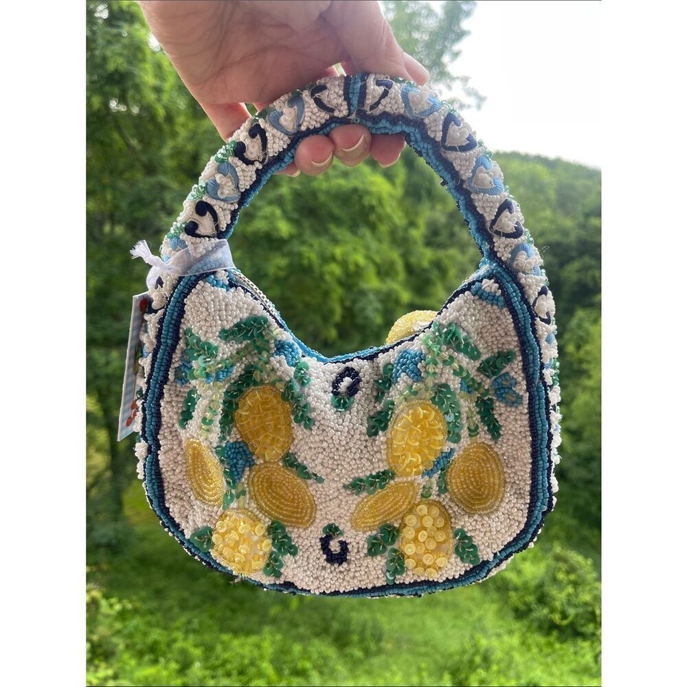 Viral Beaded Bag - Amalfi Coast Lemon Mini Tote Bag - White, Yellow and Blue NWT